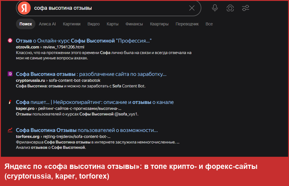 Яндекс: фейковые статьи о Софе Высотиной в топе выдачи